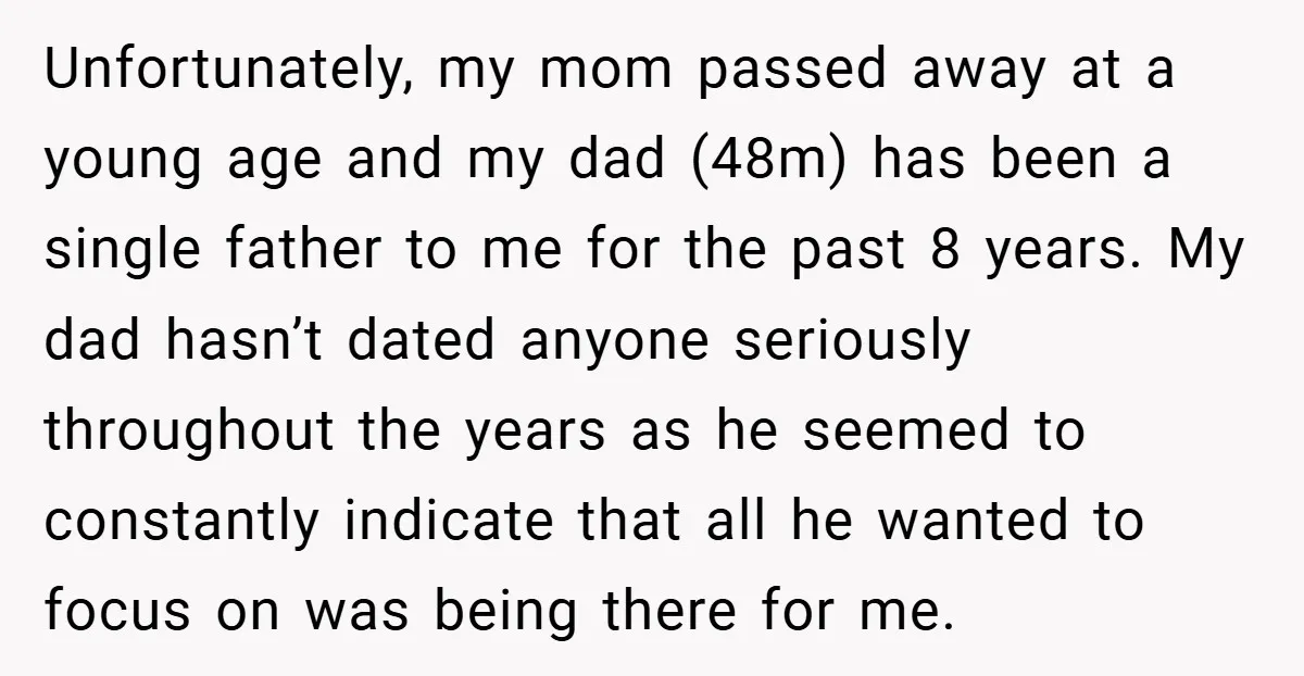 Unfortunately, my mom passed away at a young age and my dad (48m) has been a single father to me for the past 8 years. My dad hasn’t dated anyone...