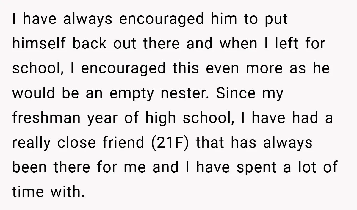 I have always encouraged him to put himself back out there and when I left for school, I encouraged this even more as he would be an empty nester. Since...