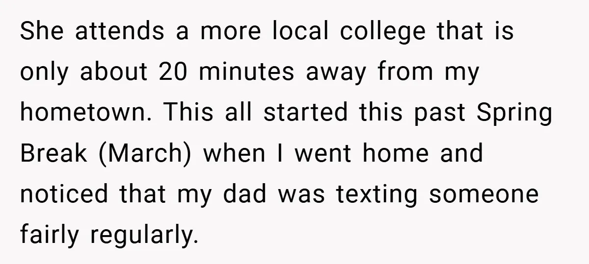 She attends a more local college that is only about 20 minutes away from my hometown. This all started this past Spring Break (March) when I went home and noticed...