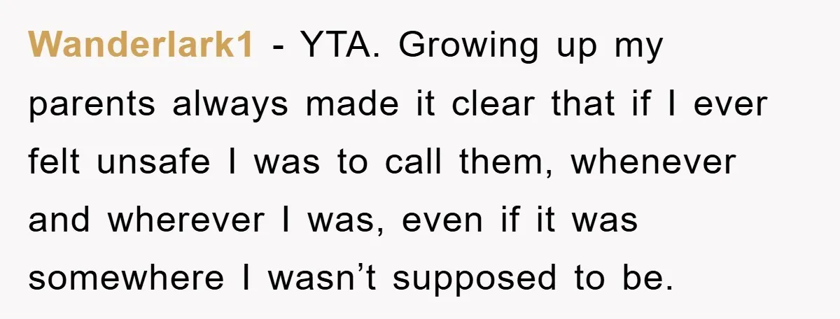 Wanderlark1 − YTA. Growing up my parents always made it clear that if I ever felt unsafe I was to call them, whenever and wherever I was, even if it...
