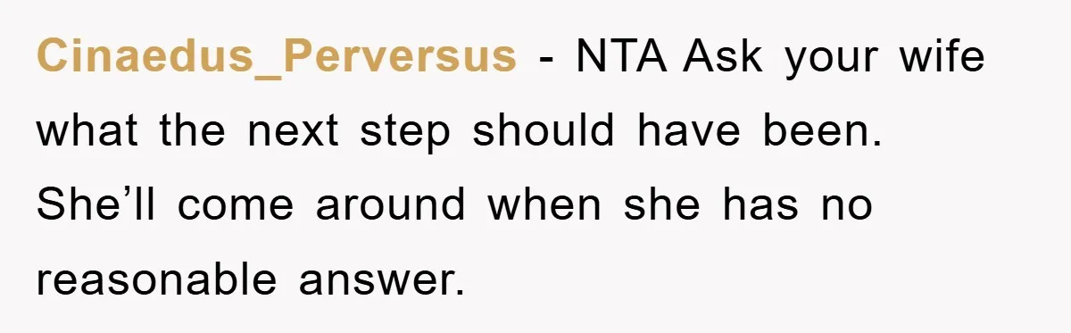 Cinaedus_Perversus − NTA Ask your wife what the next step should have been. She’ll come around when she has no reasonable answer.