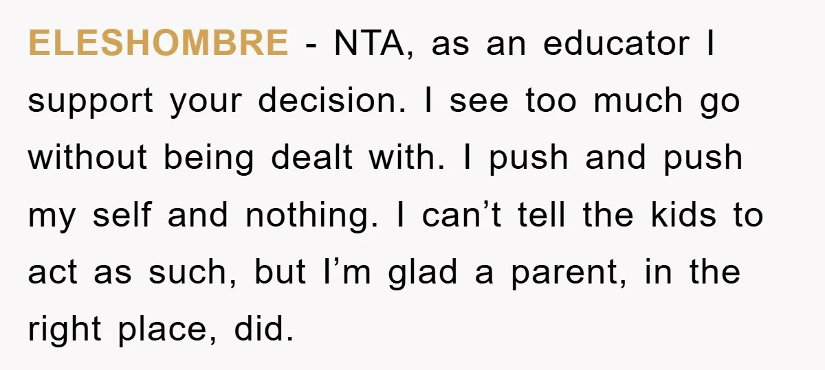 ELESHOMBRE − NTA, as an educator I support your decision. I see too much go without being dealt with. I push and push my self and nothing. I can’t tell...