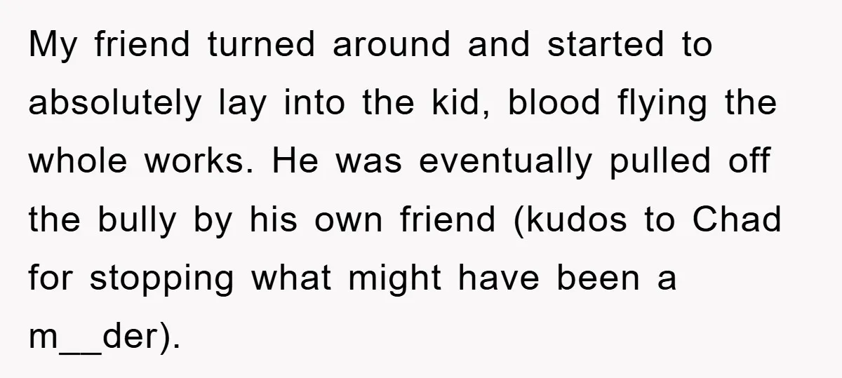 My friend turned around and started to absolutely lay into the kid, blood flying the whole works. He was eventually pulled off the bully by his own friend (kudos to...