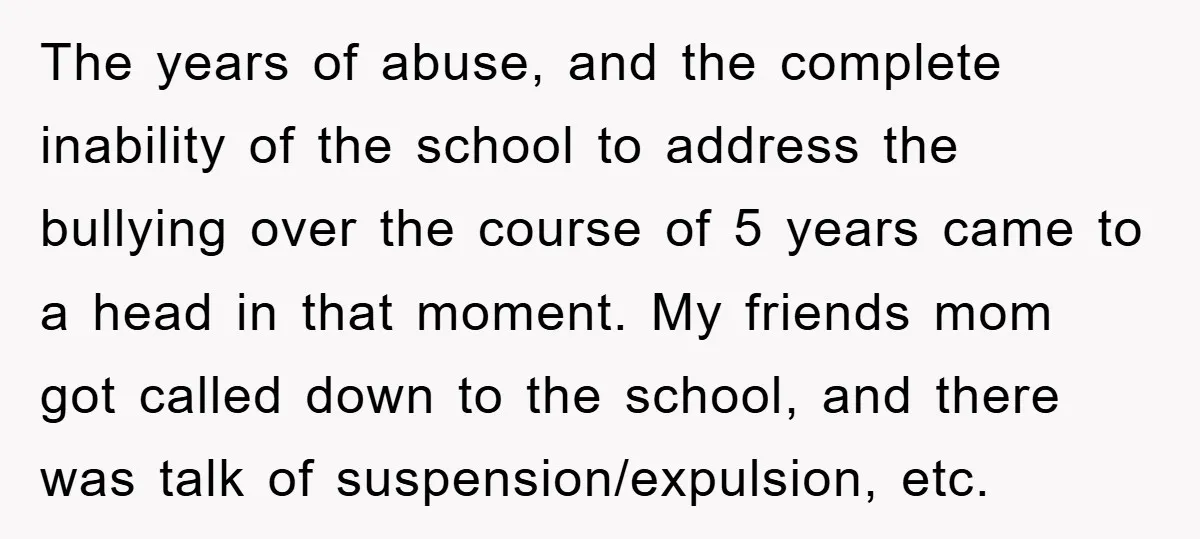 The years of abuse, and the complete inability of the school to address the bullying over the course of 5 years came to a head in that moment. My friends...