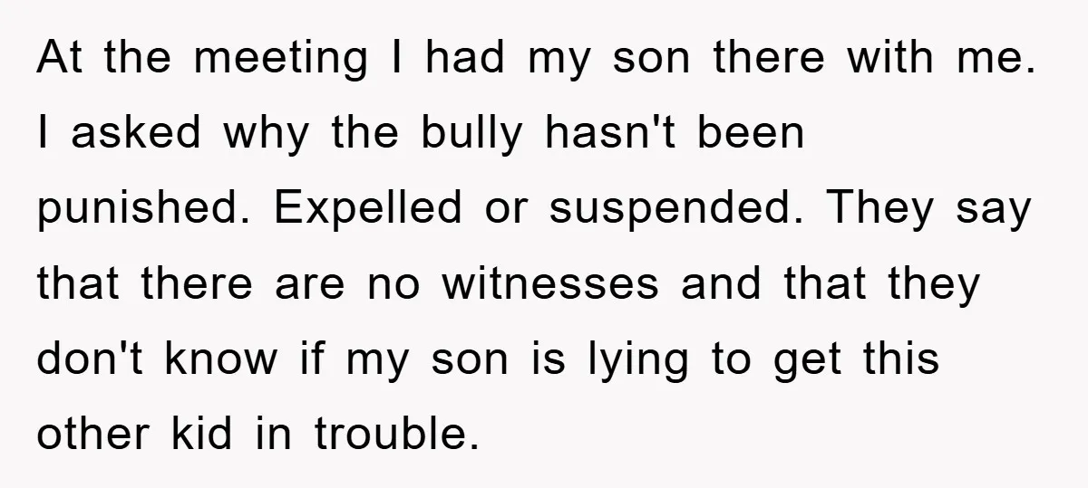 At the meeting I had my son there with me. I asked why the bully hasn't been punished. Expelled or suspended. They say that there are no witnesses and that...