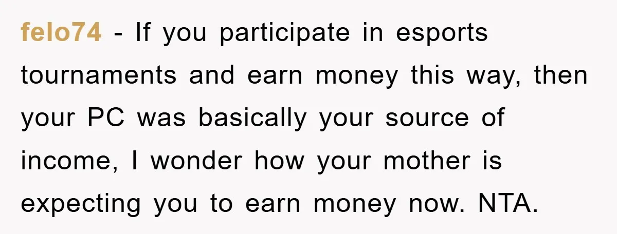felo74 − If you participate in esports tournaments and earn money this way, then your PC was basically your source of income, I wonder how your mother is expecting you...