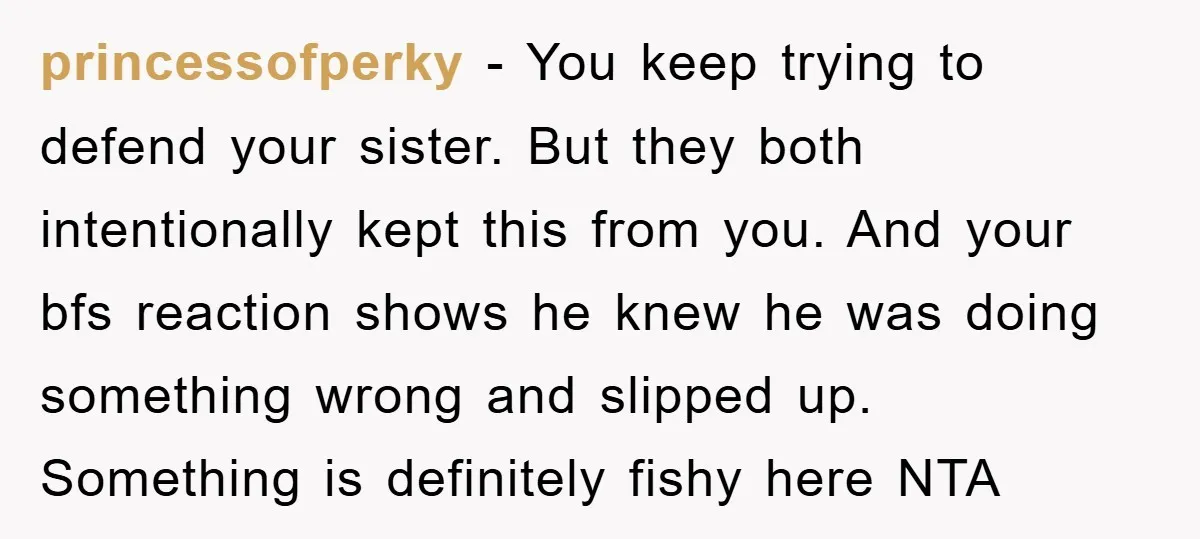 princessofperky − You keep trying to defend your sister. But they both intentionally kept this from you. And your bfs reaction shows he knew he was doing something wrong and...