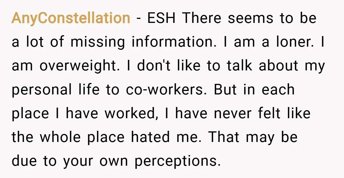 AnyConstellation − ESH There seems to be a lot of missing information. I am a loner. I am overweight. I don't like to talk about my personal life to co-workers....