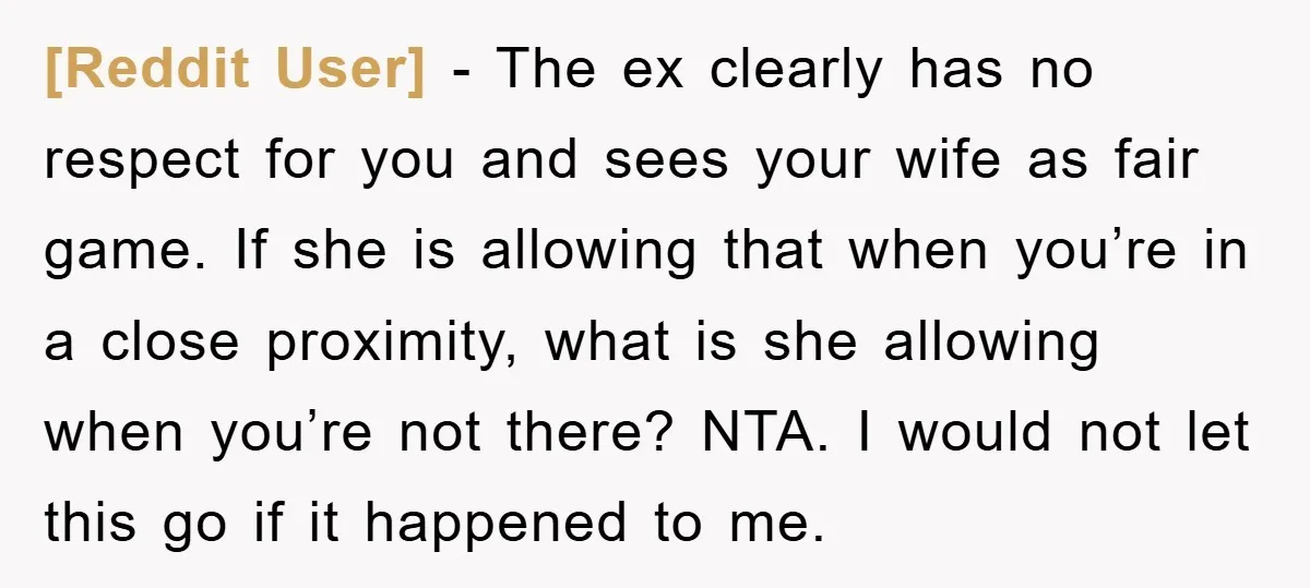 [Reddit User] − The ex clearly has no respect for you and sees your wife as fair game. If she is allowing that when you’re in a close proximity, what...