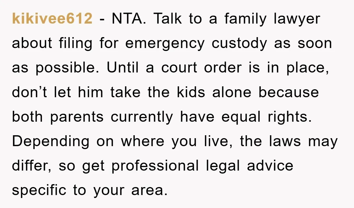 kikivee612 - NTA. Talk to a family lawyer about filing for emergency custody as soon as possible. Until a court order is in place, don’t let him take the kids...