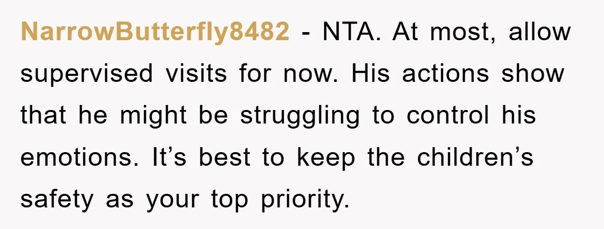 NarrowButterfly8482 - NTA. At most, allow supervised visits for now. His actions show that he might be struggling to control his emotions. It’s best to keep the children’s safety as...