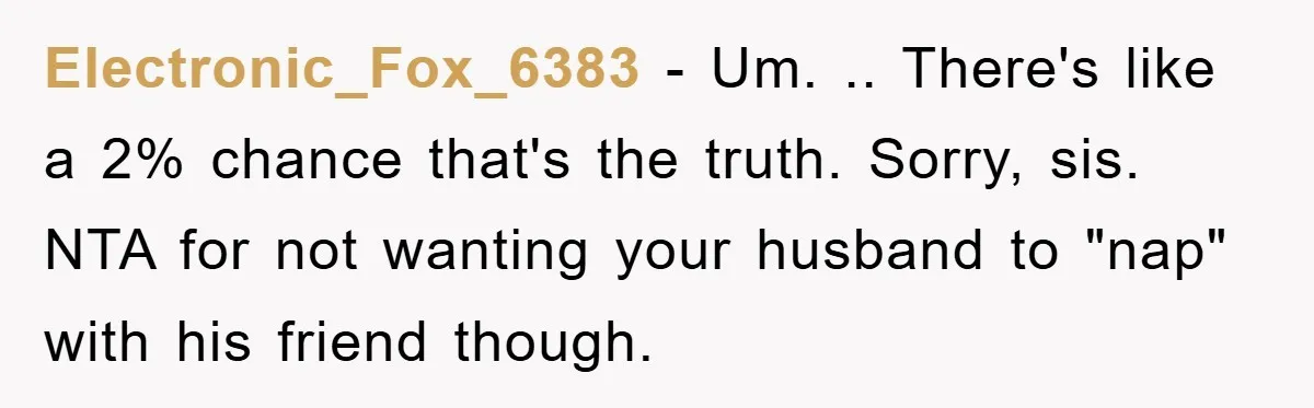 Electronic_Fox_6383 − Um. .. There's like a 2% chance that's the truth. Sorry, sis. NTA for not wanting your husband to "nap" with his friend though.