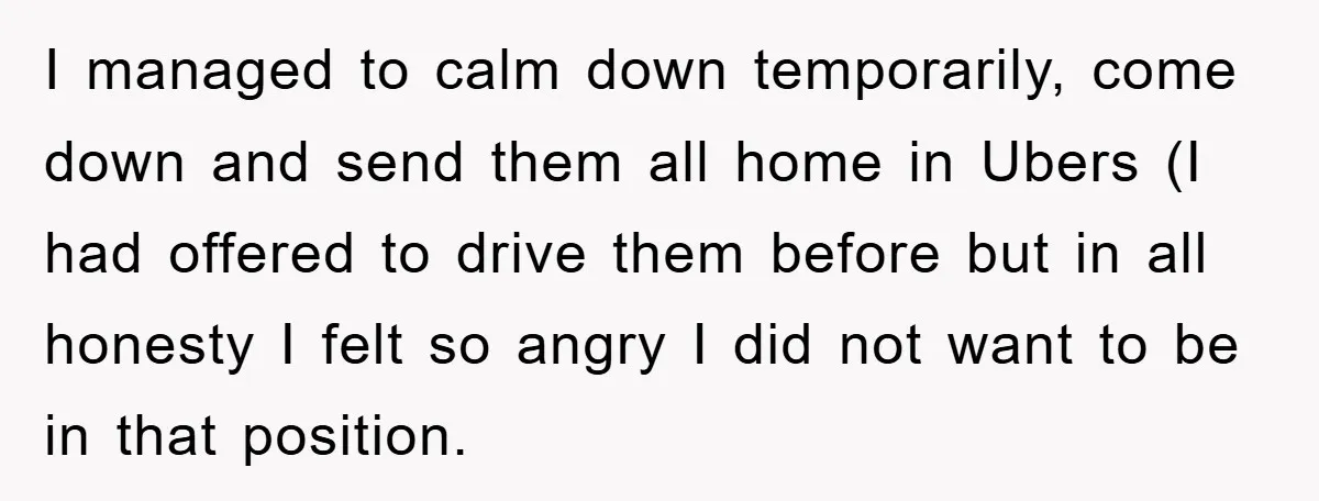 I managed to calm down temporarily, come down and send them all home in Ubers (I had offered to drive them before but in all honesty I felt so angry...