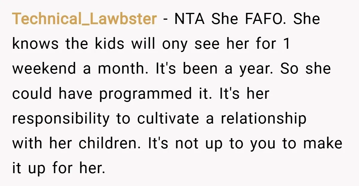 Technical_Lawbster − NTA She FAFO. She knows the kids will ony see her for 1 weekend a month. It's been a year. So she could have programmed it. It's her...