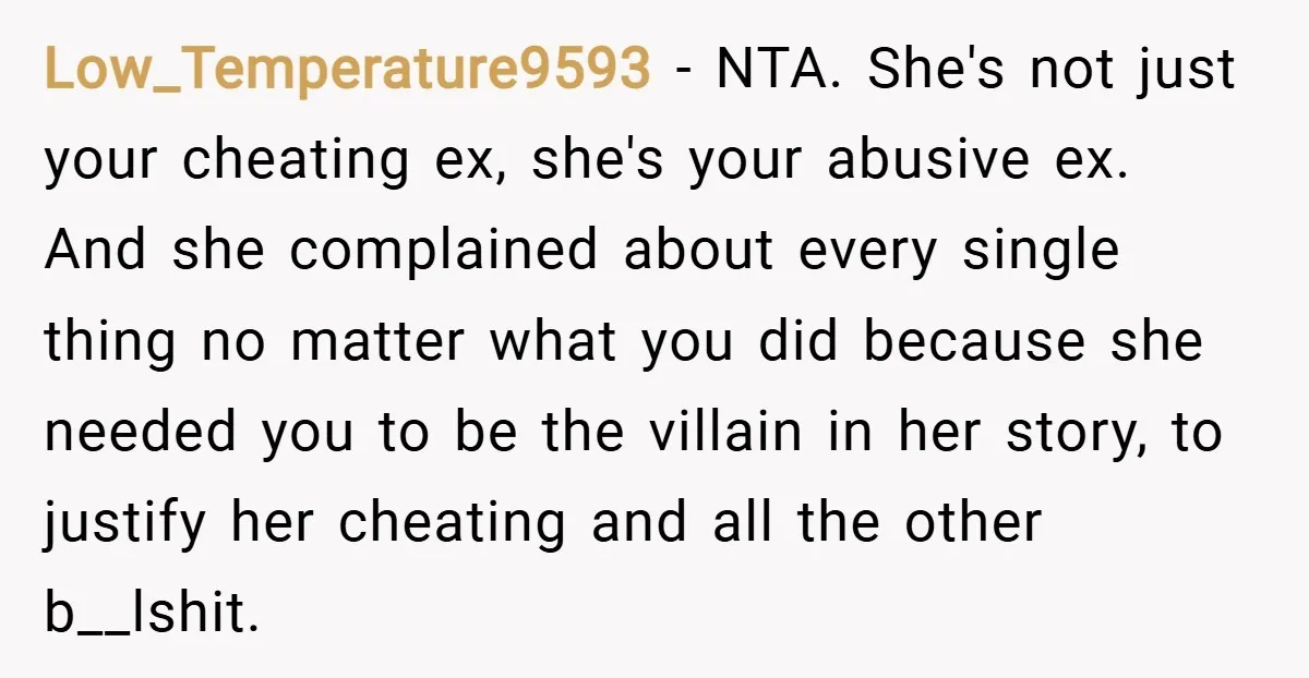 Low_Temperature9593 − NTA. She's not just your cheating ex, she's your abusive ex. And she complained about every single thing no matter what you did because she needed you to...
