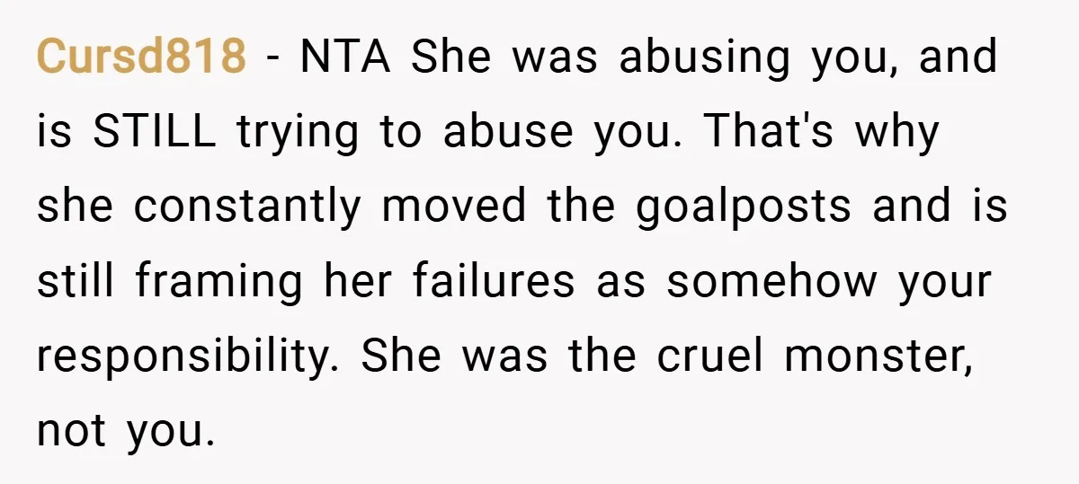 Cursd818 − NTA She was abusing you, and is STILL trying to abuse you. That's why she constantly moved the goalposts and is still framing her failures as somehow your...