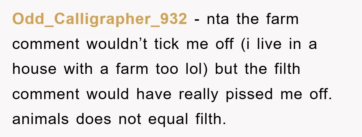 Odd_Calligrapher_932 − nta the farm comment wouldn’t tick me off (i live in a house with a farm too lol) but the filth comment would have really pissed me off....