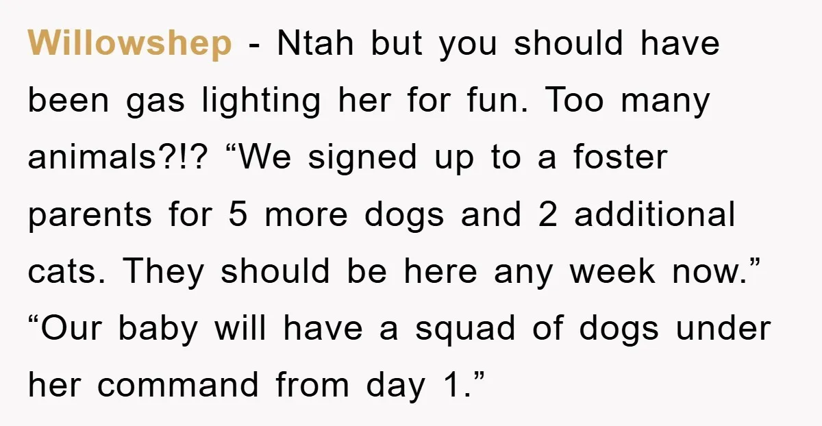 Willowshep − Ntah but you should have been gas lighting her for fun. Too many animals?!? “We signed up to a foster parents for 5 more dogs and 2 additional...
