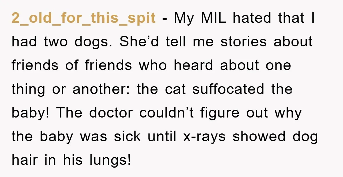 2_old_for_this_spit − My MIL hated that I had two dogs. She’d tell me stories about friends of friends who heard about one thing or another: the cat suffocated the baby!...