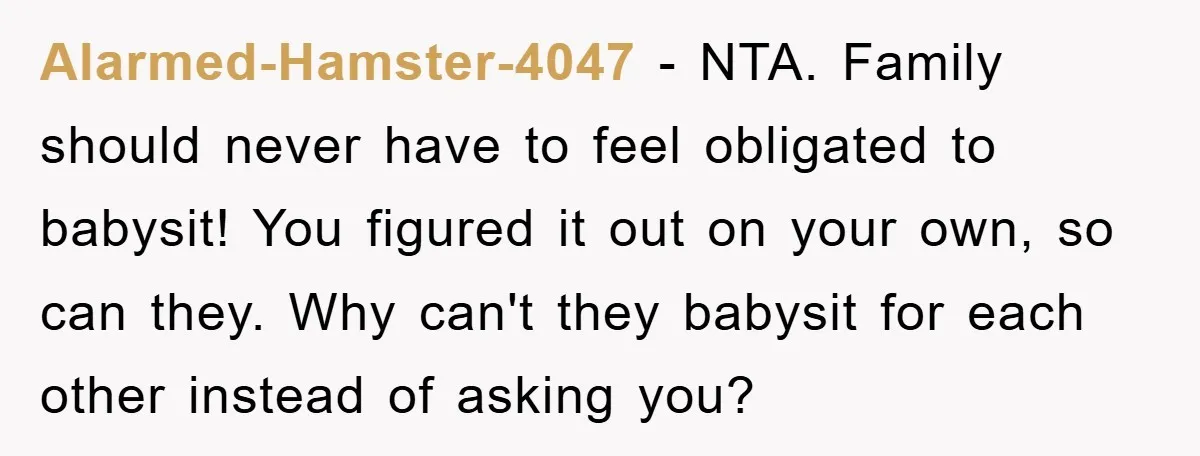Alarmed-Hamster-4047 − NTA. Family should never have to feel obligated to babysit! You figured it out on your own, so can they. Why can't they babysit for each other instead...