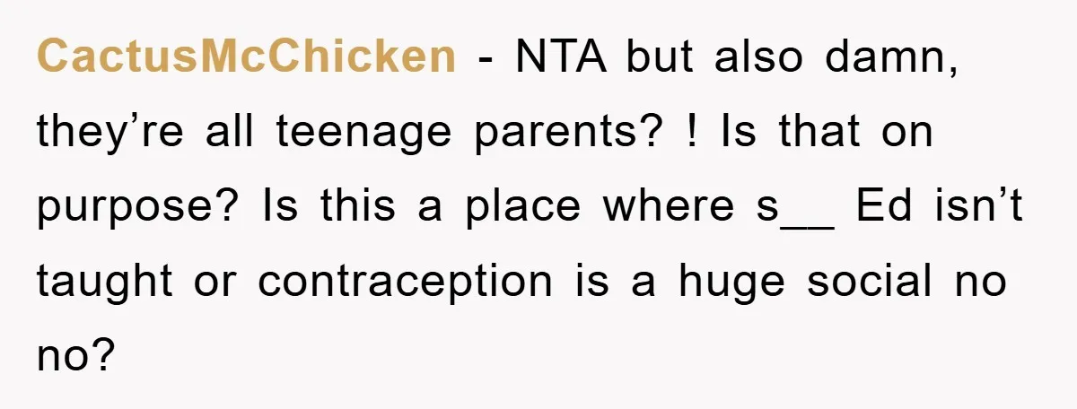 CactusMcChicken − NTA but also damn, they’re all teenage parents? ! Is that on purpose? Is this a place where s__ Ed isn’t taught or contraception is a huge social...