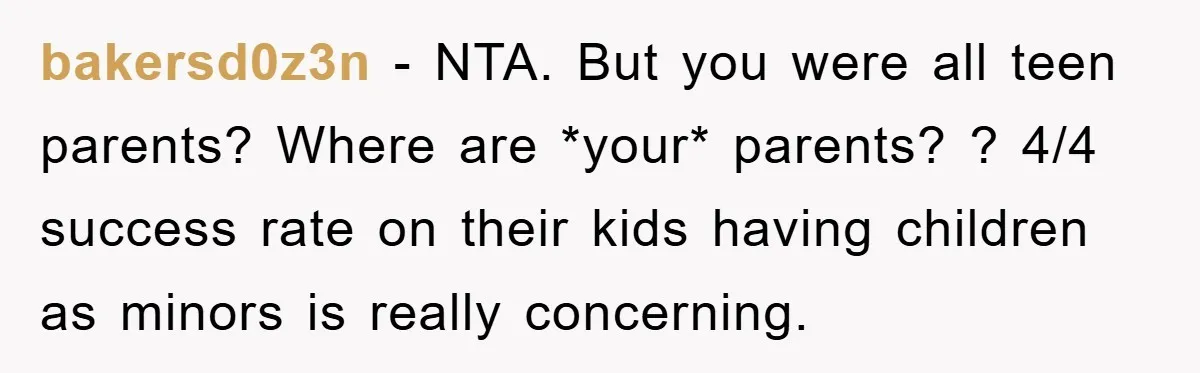 bakersd0z3n − NTA. But you were all teen parents? Where are *your* parents? ? 4/4 success rate on their kids having children as minors is really concerning.