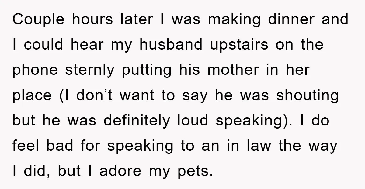 Couple hours later I was making dinner and I could hear my husband upstairs on the phone sternly putting his mother in her place (I don’t want to say he...