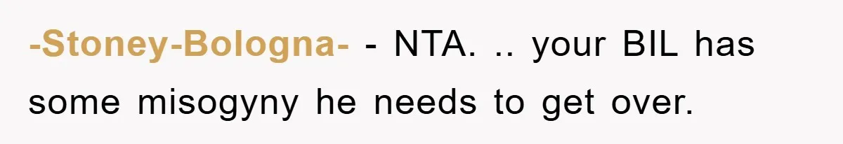 -Stoney-Bologna- − NTA. .. your BIL has some misogyny he needs to get over.