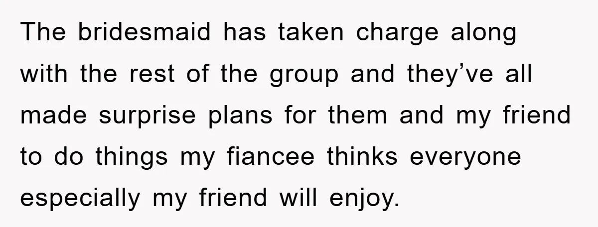 The bridesmaid has taken charge along with the rest of the group and they’ve all made surprise plans for them and my friend to do things my fiancee thinks everyone...