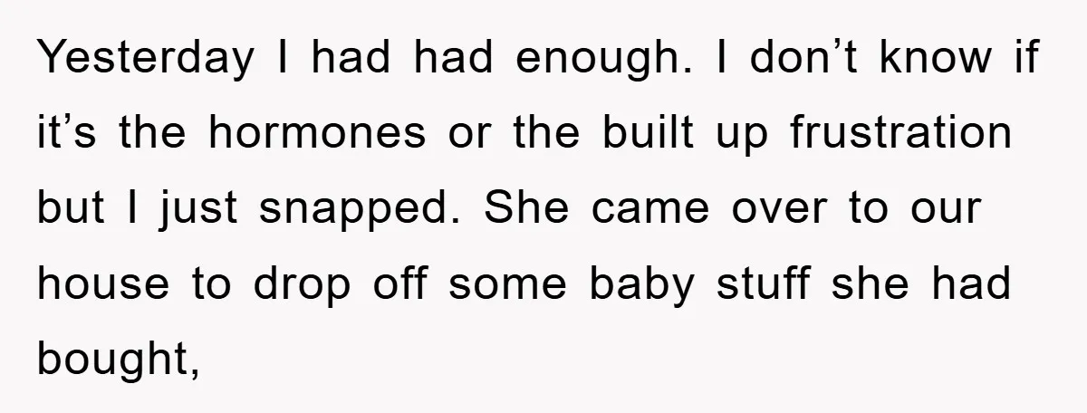 Yesterday I had had enough. I don’t know if it’s the hormones or the built up frustration but I just snapped. She came over to our house to drop off...