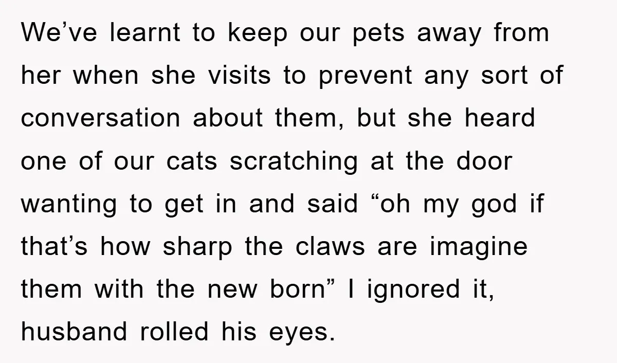 We’ve learnt to keep our pets away from her when she visits to prevent any sort of conversation about them, but she heard one of our cats scratching at the...