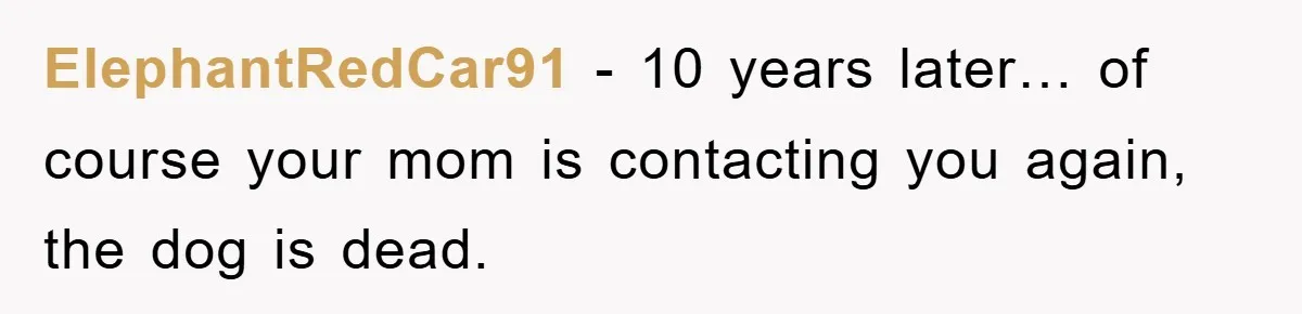 ElephantRedCar91 − 10 years later… of course your mom is contacting you again, the dog is dead.