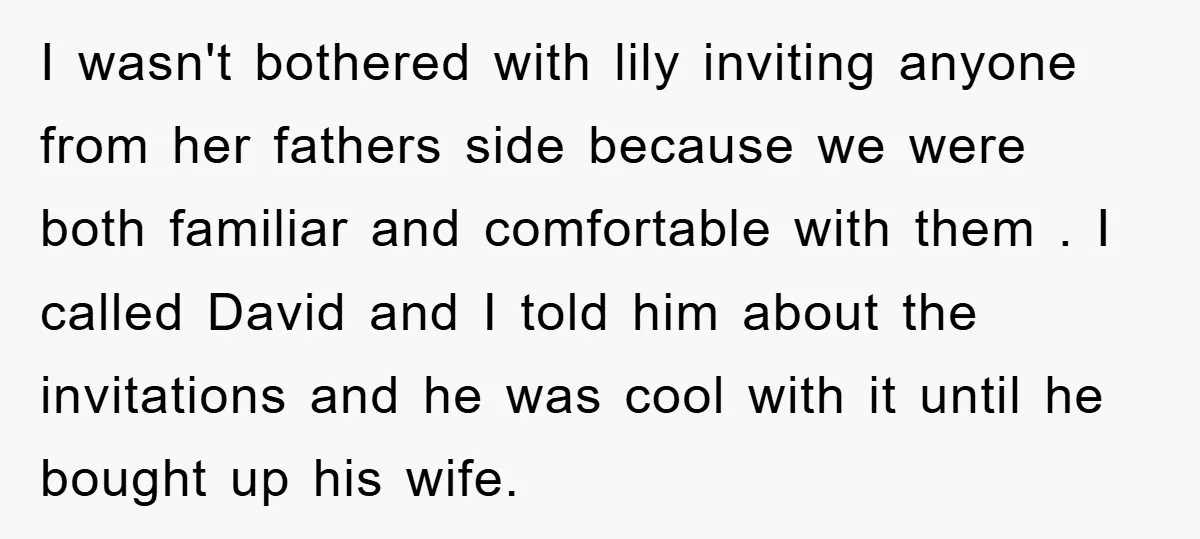 I wasn't bothered with lily inviting anyone from her fathers side because we were both familiar and comfortable with them . I called David and I told him about the...