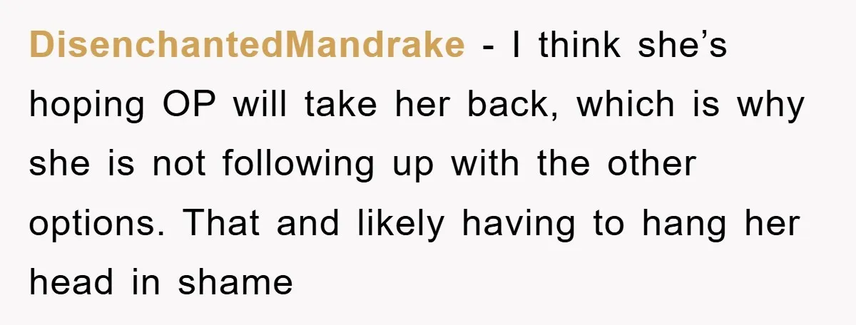 DisenchantedMandrake − I think she’s hoping OP will take her back, which is why she is not following up with the other options. That and likely having to hang her...