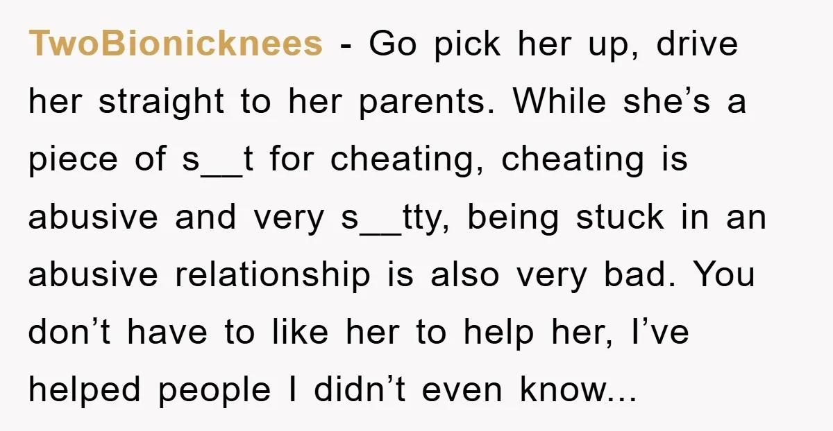 TwoBionicknees − Go pick her up, drive her straight to her parents. While she’s a piece of s__t for cheating, cheating is abusive and very s__tty, being stuck in an...