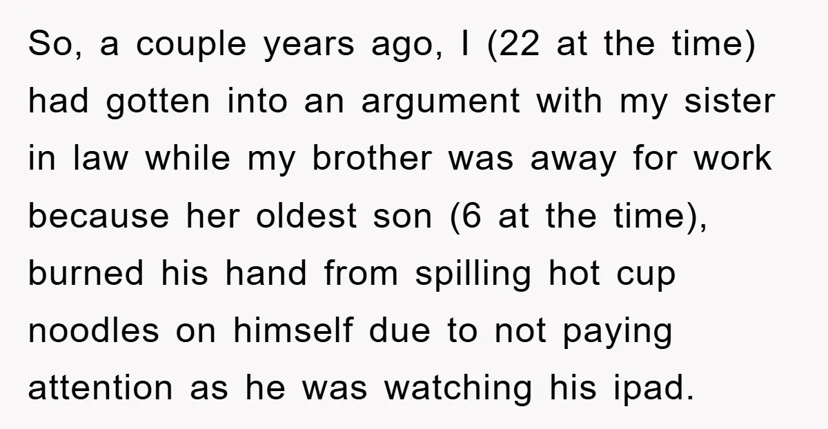 So, a couple years ago, I (22 at the time) had gotten into an argument with my sister in law while my brother was away for work because her oldest...