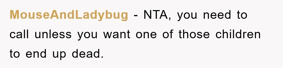 MouseAndLadybug − NTA, you need to call unless you want one of those children to end up dead.