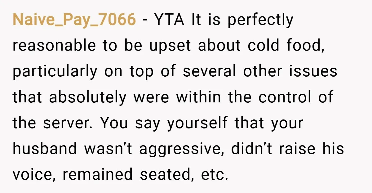 Naive_Pay_7066 − YTA It is perfectly reasonable to be upset about cold food, particularly on top of several other issues that absolutely were within the control of the server. You...