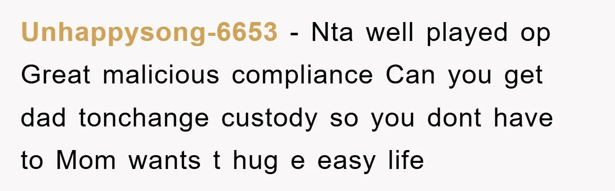 Unhappysong-6653 − Nta well played op Great malicious compliance Can you get dad tonchange custody so you dont have to Mom wants t hug e easy life