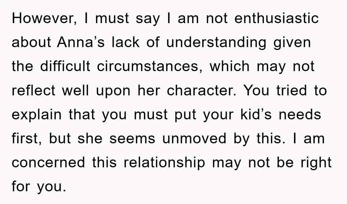 However, I must say I am not enthusiastic about Anna’s lack of understanding given the difficult circumstances, which may not reflect well upon her character. You tried to explain that...