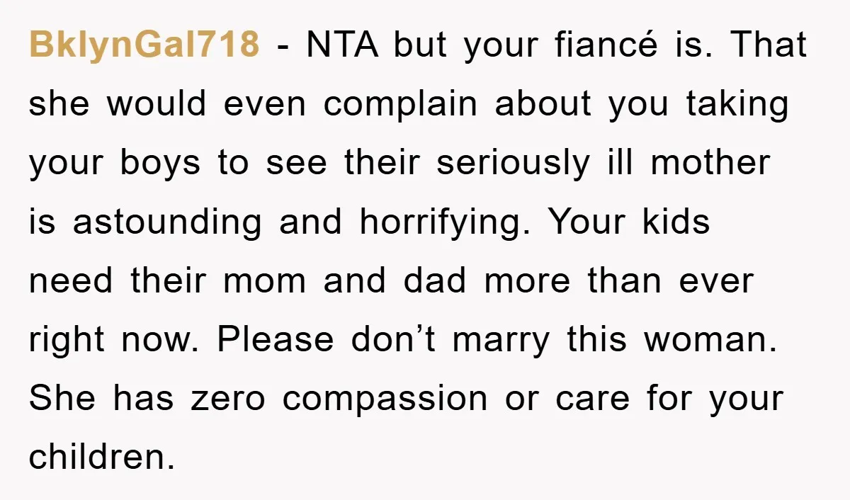 BklynGal718 − NTA but your fiancé is. That she would even complain about you taking your boys to see their seriously ill mother is astounding and horrifying. Your kids need...