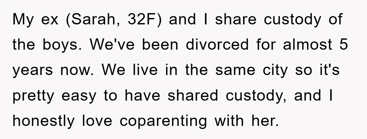 My ex (Sarah, 32F) and I share custody of the boys. We've been divorced for almost 5 years now. We live in the same city so it's pretty easy to...