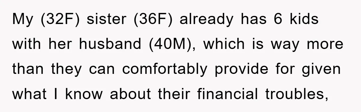 My (32F) sister (36F) already has 6 kids with her husband (40M), which is way more than they can comfortably provide for given what I know about their financial troubles,
