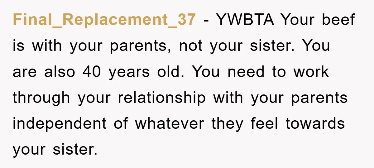 Final_Replacement_37 − YWBTA Your beef is with your parents, not your sister. You are also 40 years old. You need to work through your relationship with your parents independent of...