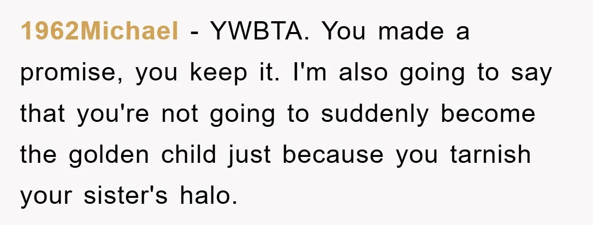 1962Michael − YWBTA. You made a promise, you keep it. I'm also going to say that you're not going to suddenly become the golden child just because you tarnish your...