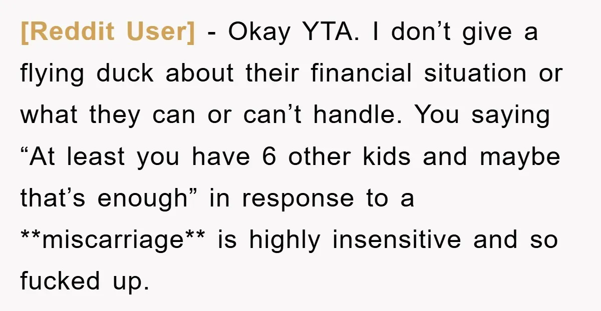 [Reddit User] − Okay YTA. I don’t give a flying duck about their financial situation or what they can or can’t handle. You saying “At least you have 6 other...