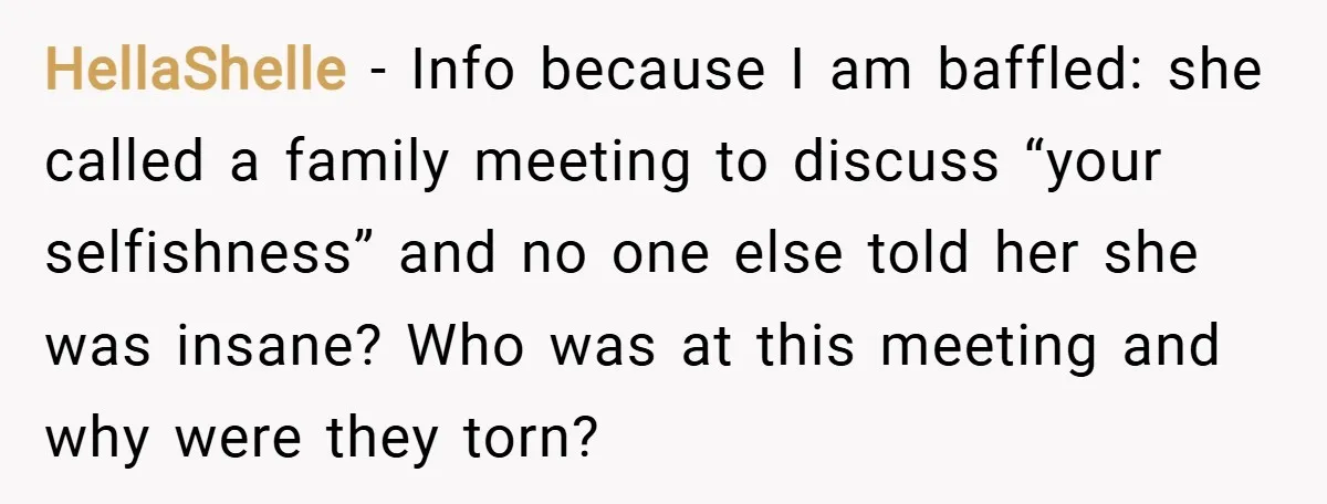 HellaShelle − Info because I am baffled: she called a family meeting to discuss “your selfishness” and no one else told her she was insane? Who was at this meeting...