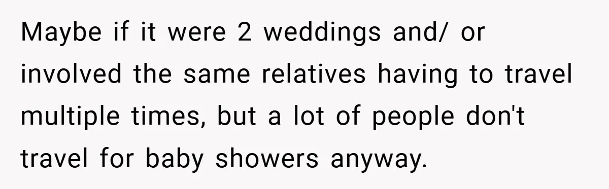 Maybe if it were 2 weddings and/ or involved the same relatives having to travel multiple times, but a lot of people don't travel for baby showers anyway.