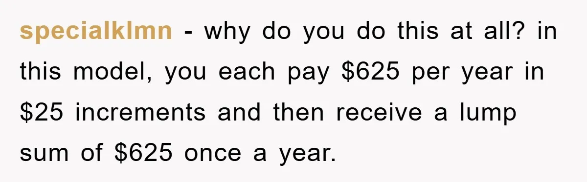 specialklmn − why do you do this at all? in this model, you each pay $625 per year in $25 increments and then receive a lump sum of $625 once...