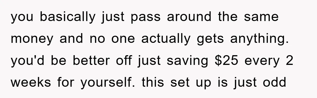 you basically just pass around the same money and no one actually gets anything. you'd be better off just saving $25 every 2 weeks for yourself. this set up is...